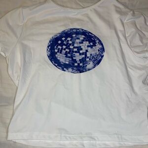 White Tee with Blue Disco Ball Design